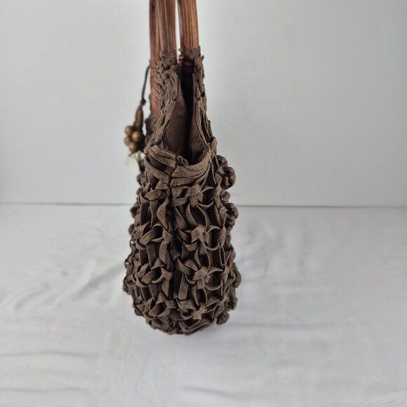 Coldwater Creek Chocolate Brown Macrame Woven Wood Double Hoop Handle Bag - Picture 5 of 14